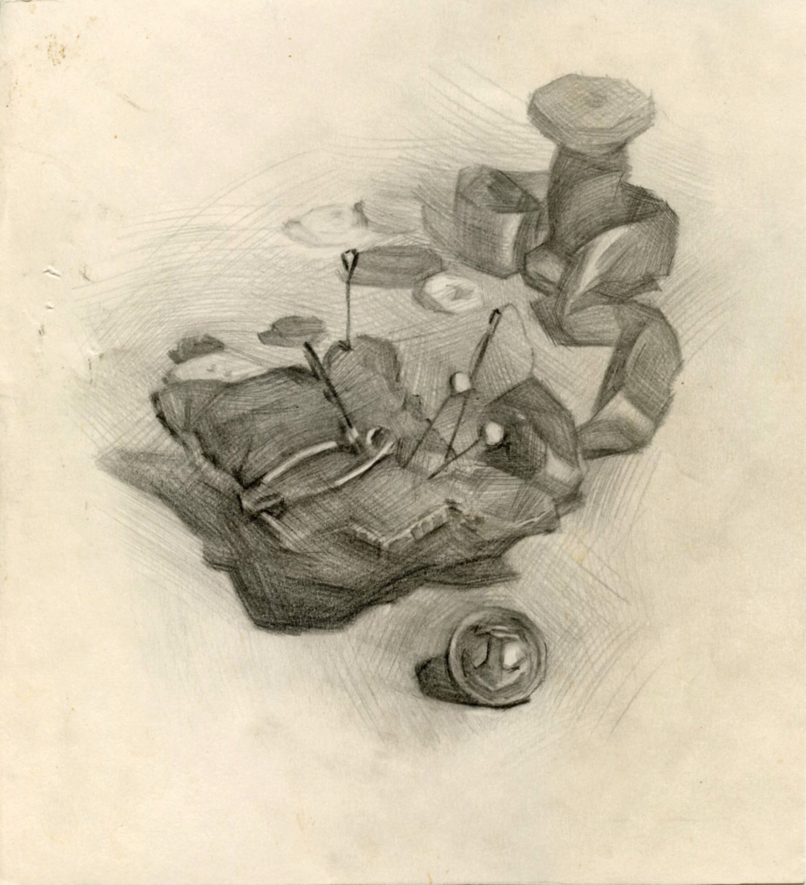 Spool of thread, pincushion, ribbon, buttons