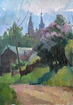 View of the church with blooming lilacs, Rezekne