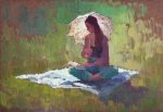 Julia reads under the umbrella
