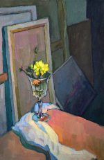 Still life with a glass and two flowers in a glass