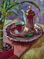 Still life with a teapot and bamboo