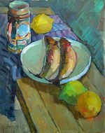Still life with fish and lemons