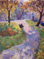 Autumn Landscape with Pathway through Trees and Sunlit Shadows