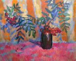 Still life with sorbus branches on orange and yellow