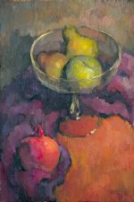 Still life with pears, apples and a garnet