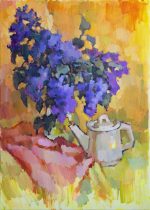 Bouquet of purple lilac on yellow background